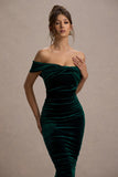 Gratitude Bottle Green Velvet Off The Shoulder Ruched Midi Dress