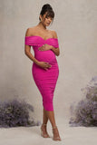 Unwrapped Dark Pink Ruched Twist Bardot Maternity Midi Dress