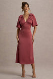 Danna Rose Pink Satin V-Neck Short-Sleeve Midi Dress