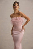 Dress For It Pale Pink Satin Feather Trim Bandeau Maxi Dress