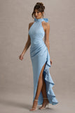 Maureen Powder Blue Satin High-Neck Draped Maxi Dress