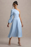 Haila Powder Blue Satin One-Shoulder Maxi Dress