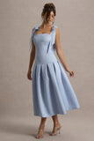 Alberta Powder Blue Satin Midi Dress With Bow Straps