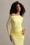 Deanna Lemon Asymmetric Long-Sleeve Ruched Maxi Dress