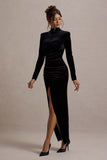 Jaz Black Velvet High-Neck Gathered Split Maxi Dress