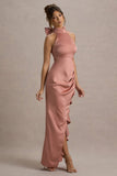 Maureen Pink Satin High-Neck Draped Maxi Dress