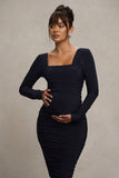 New Life Navy Maternity Square Neck Ruched Midi Dress