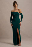 Stand Out Bottle Green Bardot Long Sleeve Ruched Maxi With Side Split