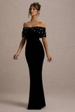 West End Black Velvet Embellished Bardot Maxi Dress