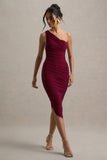 Dorit Burgundy One Shoulder Asymmetric Ruched Midi Dress