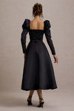 Kansas Black Square-Neck Puff-Sleeve Belted Midi Dress