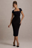 Lorenzie Black Square-Neck Short-Sleeve Twist Midi Dress