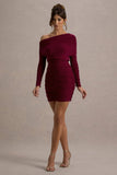 Zhara Burgundy Ruched One-Shoulder Bodycon Mini Dress