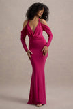 Hurghada Hot Pink Plunge-Neck Long-Sleeve Maxi Dress