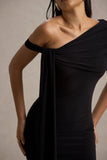 Vallea Black One-Shoulder Draped Midi Dress