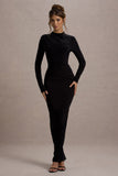 Hespera Black High-Neck Long-Sleeve Gathered Maxi Dress