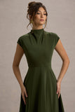 Velma Olive Satin Midi Dress With Draped Hem