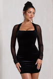 Off-Piste Black Velvet Bodycon Mini Dress With Sheer Sleeves