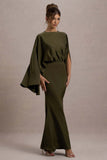 Zuzanna Khaki Draped Maxi Dress With Cape Sleeves
