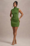 Lalani Palm Green Ruched High-Neck Mini Dress