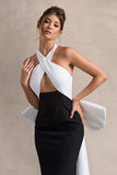 Blanca Black & White Halter-Neck Cut-Out Midi Dress With Oversized Bow