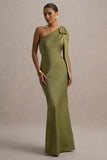 Here For Love Khaki Satin Asymmetric Maxi Dress With Bow