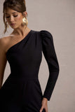 San Jose Black One-Shoulder Puff-Sleeve Jumpsuit