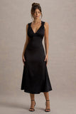 Beck Black Satin Plunge-Neck Cross-Back Midi Dress