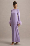 Adella Lilac Satin Feather-Trim Maxi Dress