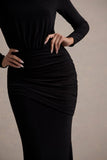 Deanna Black Asymmetric Long-Sleeve Ruched Maxi Dress