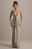 Mackenzie Champagne Satin Plunge-Neck Draped Maxi Dress