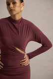 Pandora Burgundy Long-Sleeve Midi Dress With Cut-Out