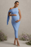 Katarine Powder Blue Asymmetric Knot Maternity Midi Dress