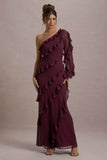 Lalika Burgundy Asymmetric One-Sleeve Ruffle Maxi Dress