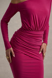 Deanna Hot Pink Asymmetric Long-Sleeve Ruched Maxi Dress