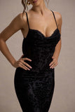 Whitney Black Velvet Floral Strappy Sweetheart Midi Dress