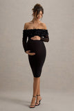Adita Black Mesh Floral Bardot Maternity Midi Dress