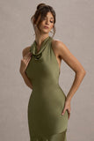 Amelita Khaki Satin Cowl-Neck Maxi Dress