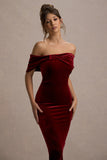 Snowflake Berry Velvet Bardot Bow Detail Midi Dress