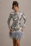 Wynter Silver Sequin Long-Sleeve Feather-Trim Mini Dress