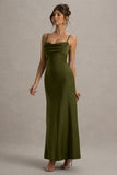 Eimear Olive Green Satin Draped Sweetheart Maxi Dress