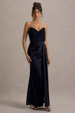 Edel Navy Satin Strapless Maxi Dress With Drape