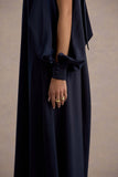 Baila Navy Satin High-Neck Cape-Sleeve Maxi Dress