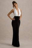 Payton Black & White Ruched Halter-Neck Maxi Dress