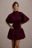 Alva Burgundy High-Neck Short-Sleeve Mini Dress With Volume Skirt