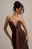 Mackenzie Brown Satin Plunge-Neck Draped Maxi Dress