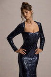Ensley Navy Sequin Sweetheart Long-Sleeve Maxi Dress