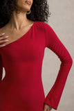 Serenita Red Asymmetric Long-Sleeve Midi Dress