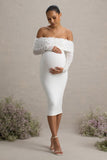 Adita White Mesh Floral Bardot Maternity Midi Dress