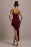 High Status Burgundy Strappy Corset Asymmetric Maxi Dress With Feather Trim